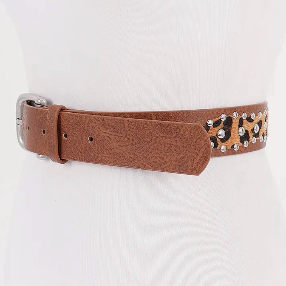 Camel Leopard Print Stud Belt
